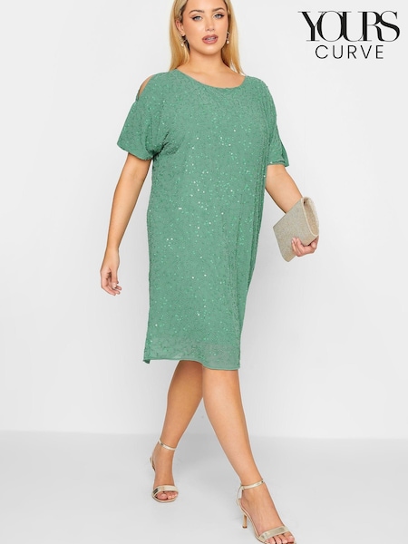 Yours Curve Green Luxe Embellished Cape Dress (K48702) | €49