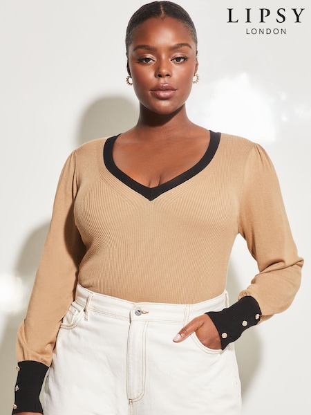 Lipsy Camel Curve V Neck Tipped Long Sleeve Jumper (K48902) | €16