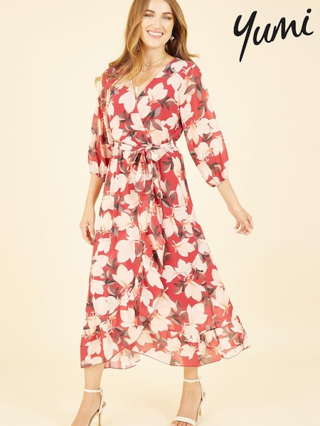 Красный разноцветный - Yumi Blossom Wrap Midi Dress With 3/4 Sleeves (K49090) | €40