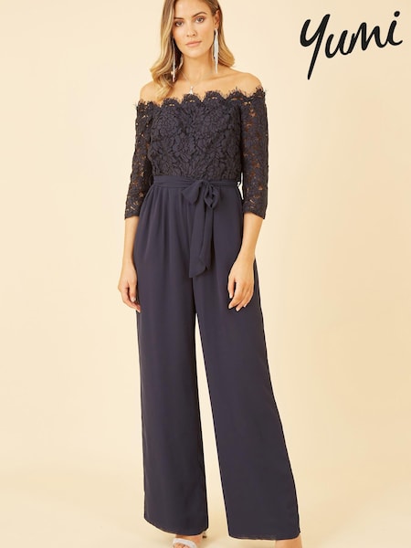 Yumi Navy Blue Lace Bardot 3/4 Sleeve Jumpsuit (K49099) | €43