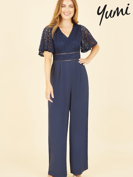 Yumi Navy Blue Lace Bodice Jumpsuit With Kimono Sleeve (K49108) | €50