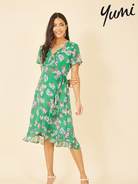 Yumi Green Multi Floral Frill Wrap Midi Dress (K49112) | €37