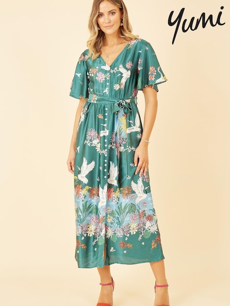 Yumi Green Multi Satin Crane Print Border Shirt Dress (K49116) | €48