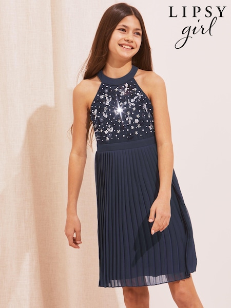 Lipsy Navy Pleated Halter Occasion Dress (K49145) | €36 - €41