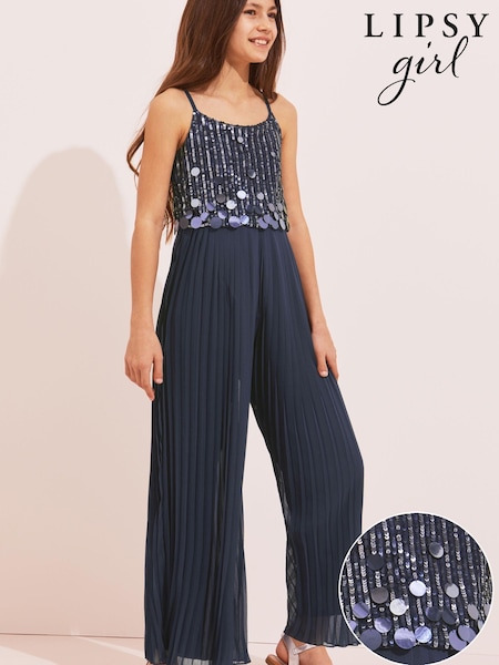 Lipsy Navy Embellished Pleated Occasion Jumpsuit (K49159) | €45 - €51