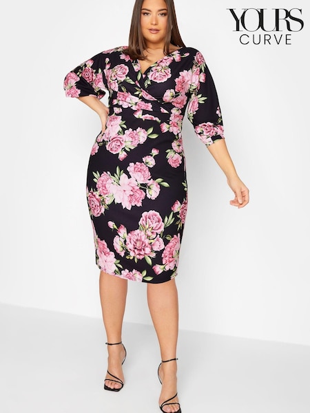 Черный - Yours Curve London Pleat Drop Shoulder Floral Wrap Dress (K49478) | €12