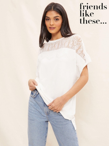Friends Like These White Lace Short Sleeve V Neck Tunic Top (K49995) | €15.50