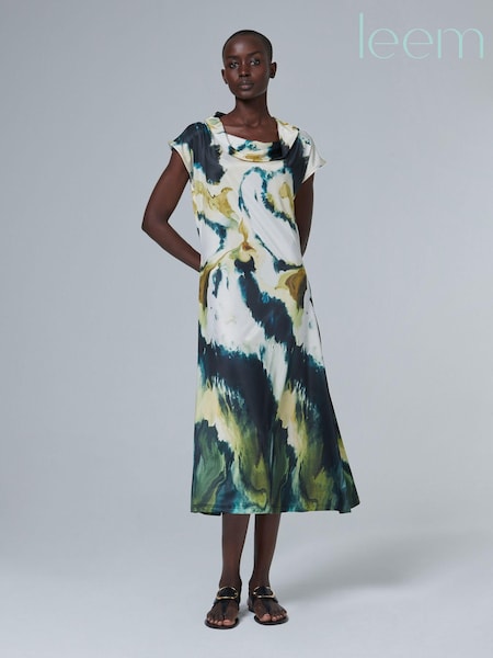 leem Green Water Marble Print Cowl Neck Midi Dress (K50871) | €55
