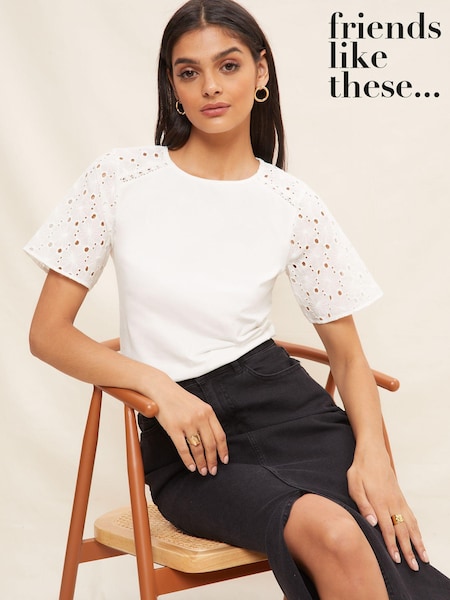 Friends Like These White Flutter Sleeve Broderie T-Shirt (K51189) | €21
