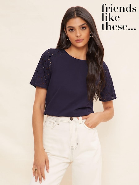 Friends Like These Navy Blue Flutter Sleeve Broderie T-Shirt (K51190) | €17