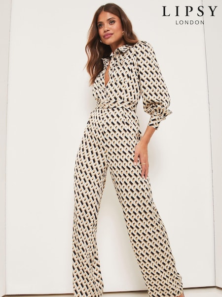 Черный - Lipsy Belted Shirt Style Long Sleeve Summer Wide Leg Jumpsuit (K51812) | €22