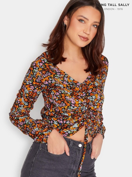 Long Tall Sally Black Ditsy Floral Print Ruched Long Sleeve Top (K52012) | €12