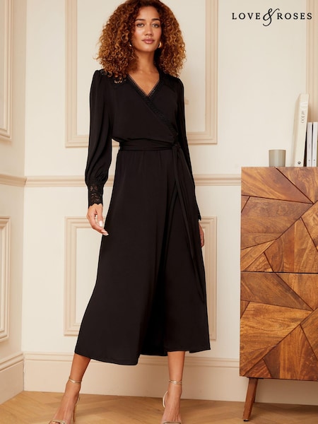 Love & Roses Black Jersey Wrap Long Sleeve Midi Dress (K52198) | €37