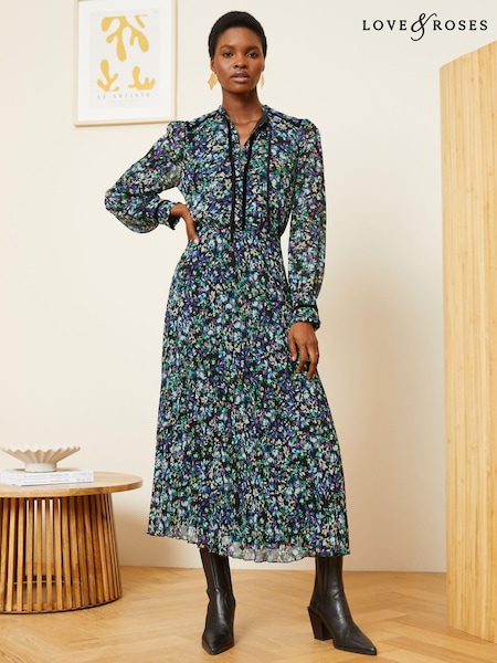 Love & Roses Black Ditsy Printed V Neck Belted Long Sleeve Midi Dress (K52199) | €29