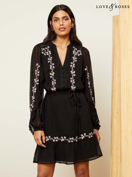 Broderie neagră - Rochie mini din șifon cu Guler în V elastic Cu curea Love & Roses (K52200) | 207 LEI