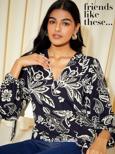 Friends Like These Blue Paisley Long Sleeve Jersey Wrap Top (K52211) | €22