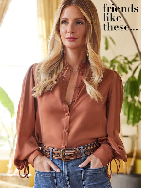 Коричнево-рыжий - Friends Like These Tie Cuff Puff Sleeve Button Through Blouse (K52213) | €12