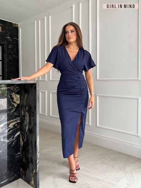 Темно-синий - Girl In Mind Priscilla Wrap Over Ruched Detail Midi Dress (K53104) | €29