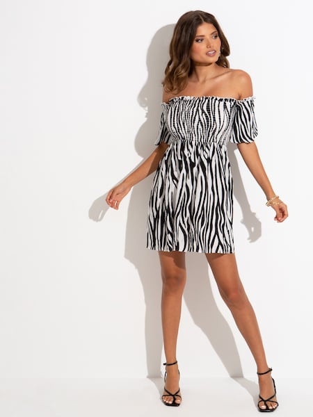 Pour Moi Black/White Zebra Removable Sleeve Shirred Bardot Dress (K53629) | €22