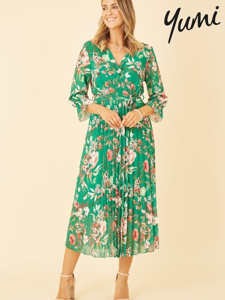 Yumi Green Floral Print Midi Wrap Dress With Pleated Skirt (K54214) | €46