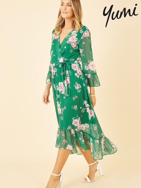 Yumi Green Multi Floral Wrap Dress With Dipped Hem (K54220) | €26