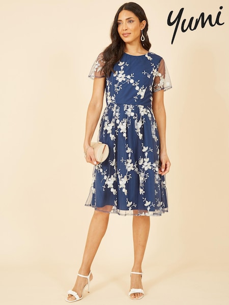 Yumi Blue Multi Embroidered Floral Skater Dress (K54224) | €23