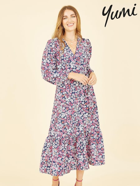 Yumi Pink Multi Daisy Print Wrap Midi Dress With Long Sleeves (K54225) | €57