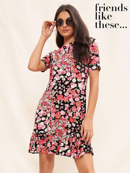 Roz floral - Rochie mini Friends Like These din jerseu cu imprimeu, încrețită cu mânecă scurtă (K54450) | 107 LEI