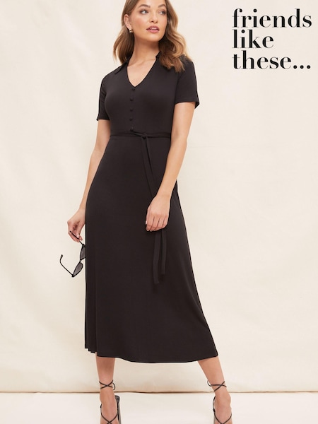 Friends Like These Collared Short Sleeve Buttoned Jersey Belted Shirt Dress (K54886) | €8