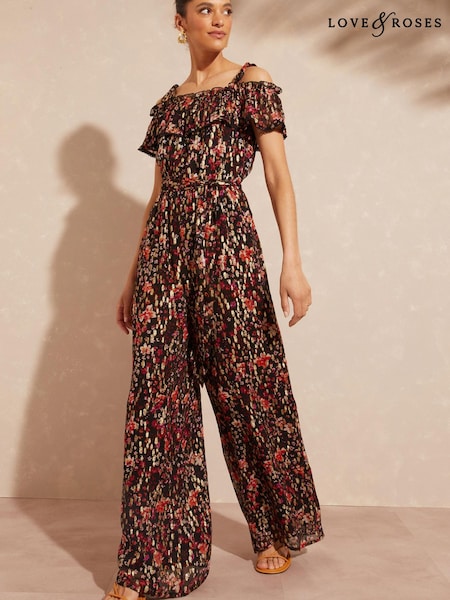 Love & Roses Black Floral Metallic Printed Off Shoulder Cami Bardot Jumpsuit (K55124) | € 21