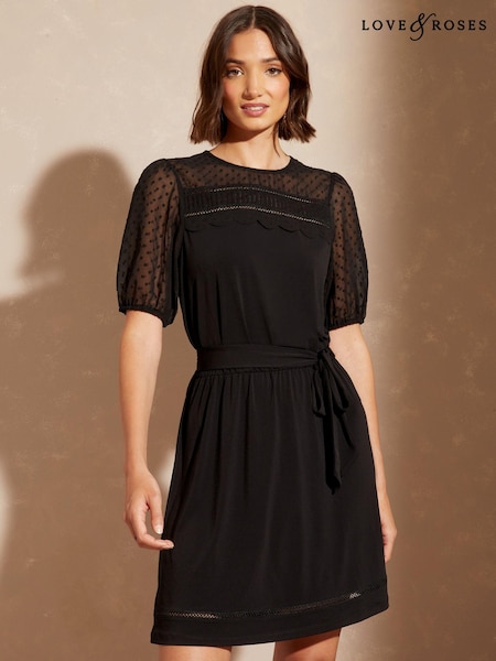 Черный - Love & Roses Jersey Dobby Mix Puff Sleeve Mini Dress (K55126) | €10