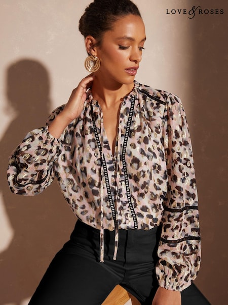 Love & Roses Ruffle Neck Lace Trim Long Sleeve Button Through Blouse (K55146) | €20