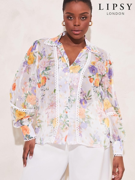Lipsy White Floral Print Curve Gold Foil Trim Front Button Up Blouse Shirt (K55239) | €25