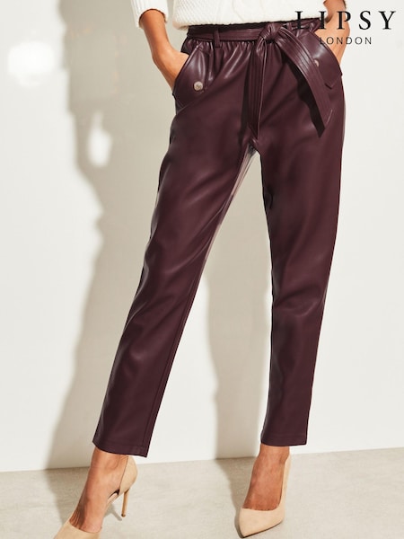 Lipsy Berry Red Faux Leather Military Button Paperbag Trousers (K55280) | €27
