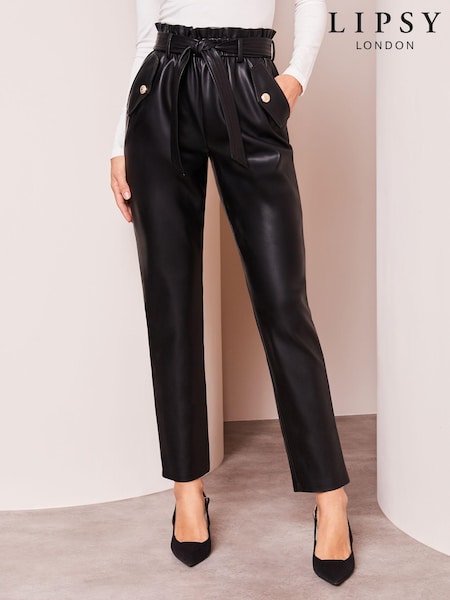 Lipsy Black Petite Faux Leather Military Button Paperbag Trousers (K55323) | €30