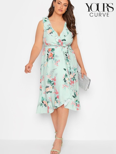 Зеленый - Yours Curve London Floral Sleeveless Double Ruffle Wrap Dress (K55354) | €17
