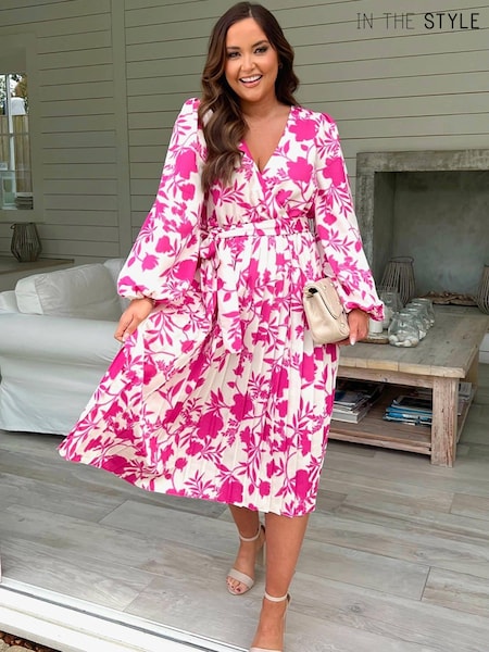 In The Style Pink Floral Jac Jossa Floral Print Long Sleeve Pleated Midi Dress (K56222) | € 37