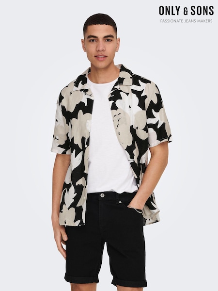 Only & Sons Black Linen Blend Short Sleeve Printed Shirt (K56408) | €20.50