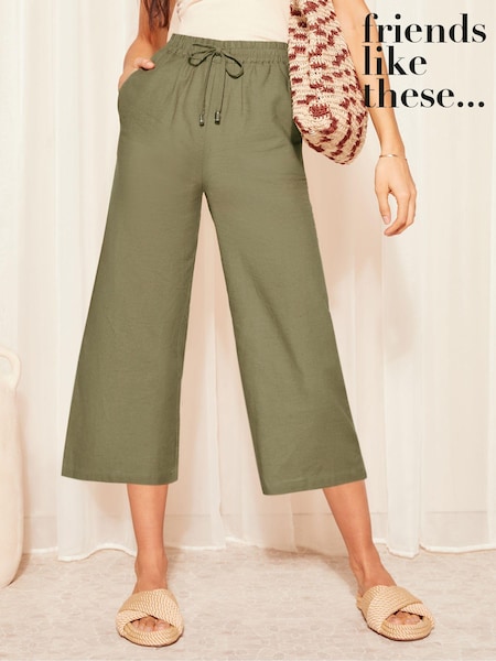 Friends Like These Khaki Green Cropped Wide Leg Culottes With Linen (K56656) | €14