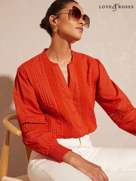 Love & Roses Orange Cotton Dobby Lace Trim Frill Neck Long Sleeve Blouse (K57669) | €50