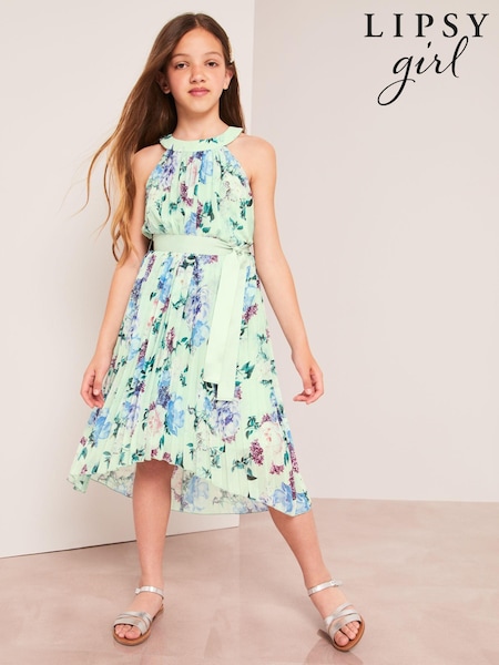 Lipsy Sage Green Floral Pleated Chiffon Occasion Dress (K57715) | €17 - €20