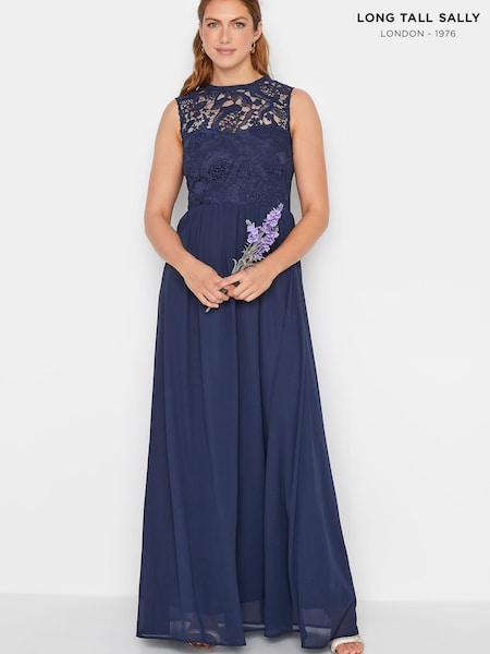 Bleu - Robe longue longue Grand Sally en mousseline Dentelle (K57998) | € 41