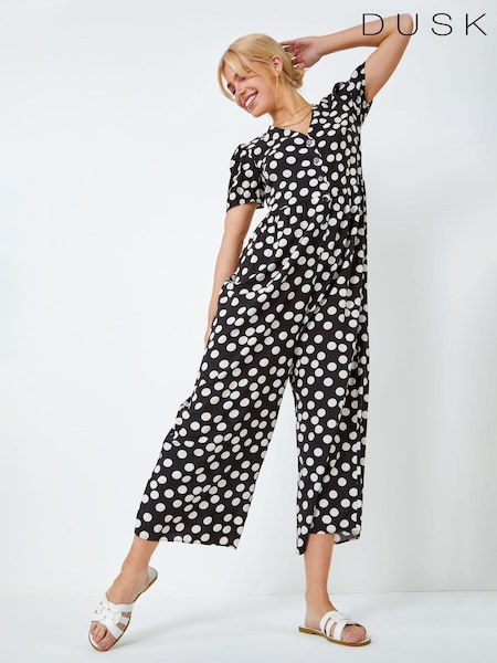Dusk Black Polka Dot Print Culotte Jumpsuit (K58806) | €31