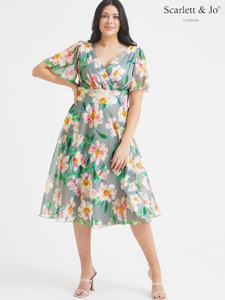 Grau/Pink/Geblümt - Scarlett & Jo Victoria Angel Sleeve Mesh Midi Dress (K59259) | 26 €