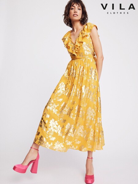VILA Yellow Floral Foil Print Ruffle Occasion Maxi Dress (K59690) | €23