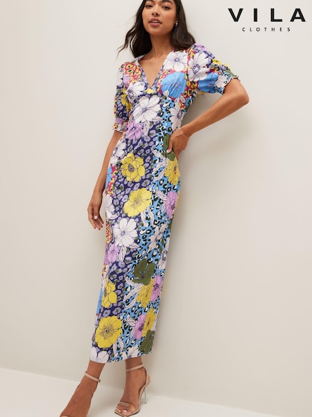 VILA Blue Mixed Floral Print Satin Maxi Dress (K59691) | €13