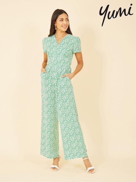 Yumi Green Multi Ditsy Floral Wrap Jumpsuit (K60120) | €15