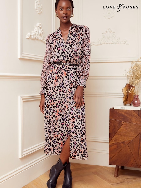 Cămilă - Rochie midi Love & Roses cu guler în V, mânecă lungă și cordon (K60273) | 242 LEI