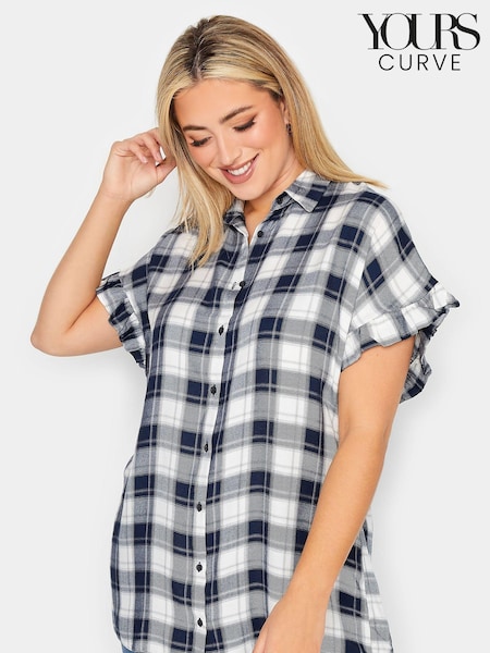 Yours Curve Blue Frill Sleeve Collared Shirt (K60353) | €14.50