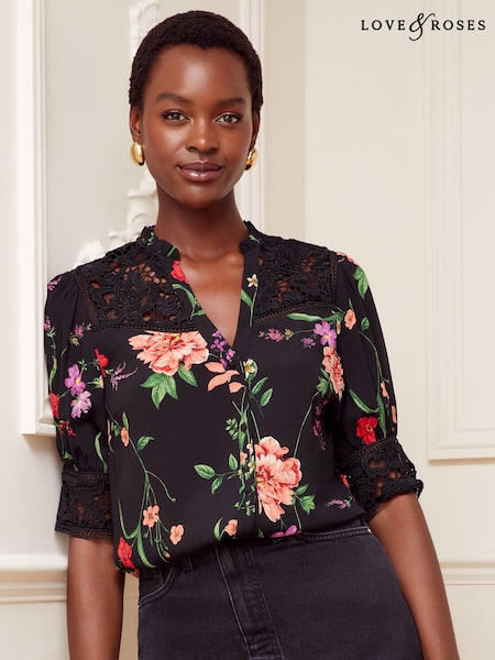 Love & Roses Black Floral Printed Lace Yoke V Neck Short Sleeve Blouse (K60537) | €18